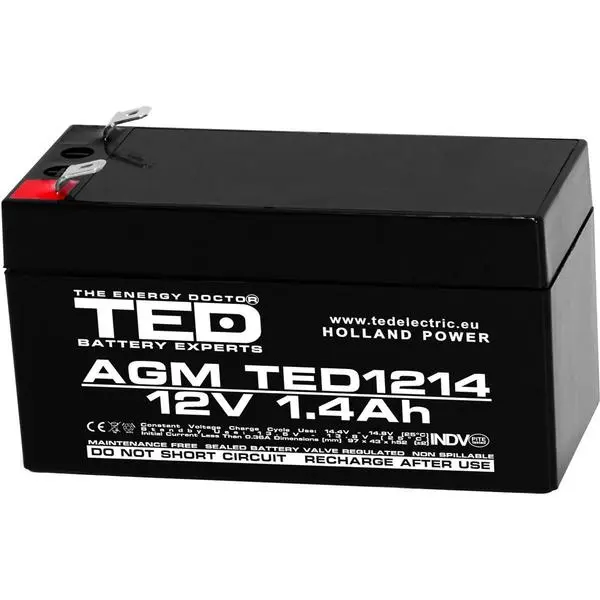 Оловна батерия TED ELECTRIC, 12V / 1.4 Ah- 98/43,5/53 mm AGM - TED-12V-1.4AH