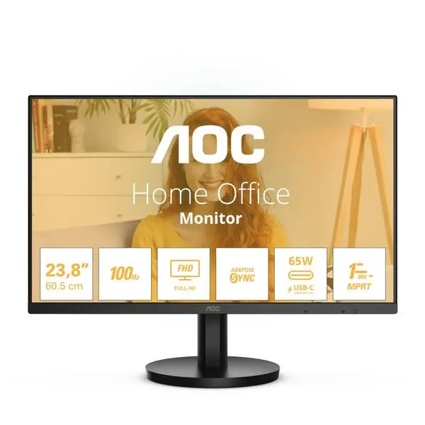 Монитор AOC 24B3CA2, 23.8" (60.45cm) IPS панел, 100Hz, Full HD, 4ms, 20 000 000:1, 250cd/m2, HDMI, USB, USB-C