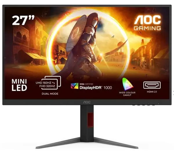 AOC  27" Fast IPS MiniLED, 3840x2160@160Hz, 1ms GtG, 1200cd/m2, 1000:1, 80M:1 DCR, Adaptive Sync, FlickerFree - U27G4XM