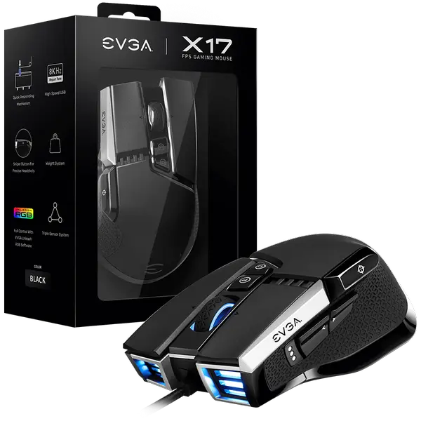 EVGA X17 Gaming Mouse, Wired, Black, Customizable, PIXART 3389 Optical Sensor - 16 000 DPI - 903-W1-17BK-K3