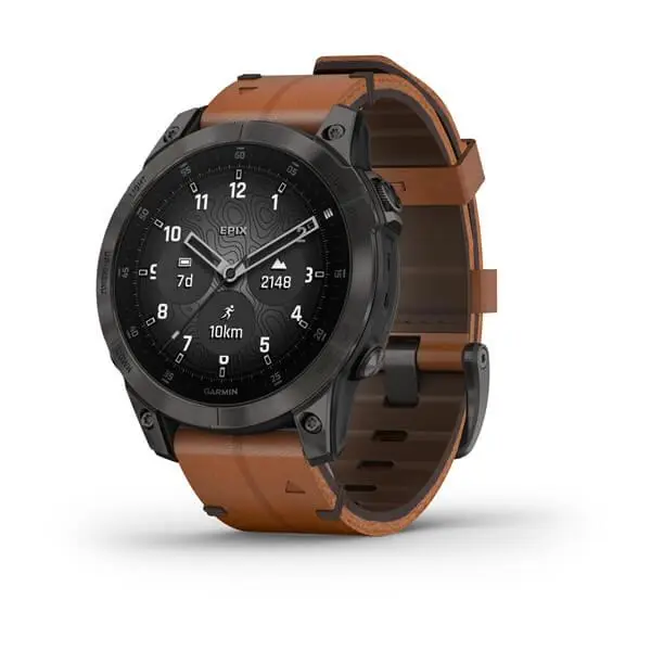 Garmin epix (2-ро поколение) - epix Sapphire - черен титан с каишка от кестенява кожа - 010-02582-30