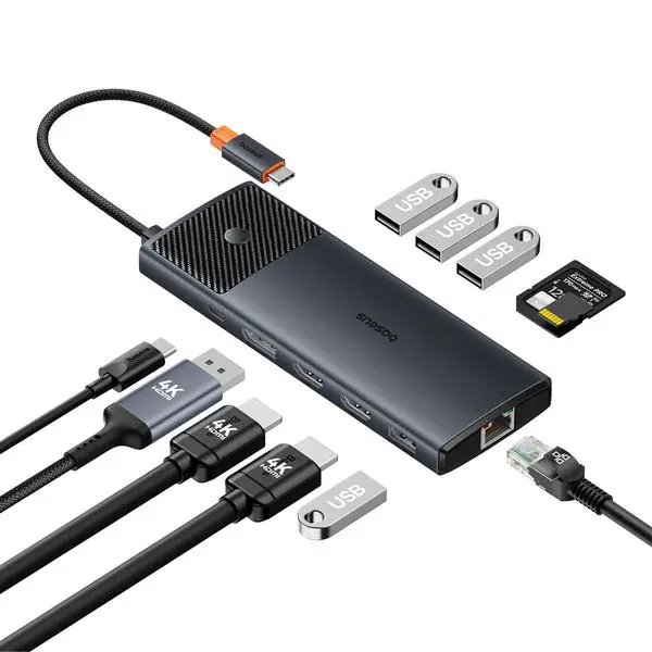 USB хъб Baseus Metal Gleam Series II 11-в-1 USB Type C към HDMI, DisplayPorts, USB-A x 2, USB-C PD, SD/TF B00061801123-00 (v)