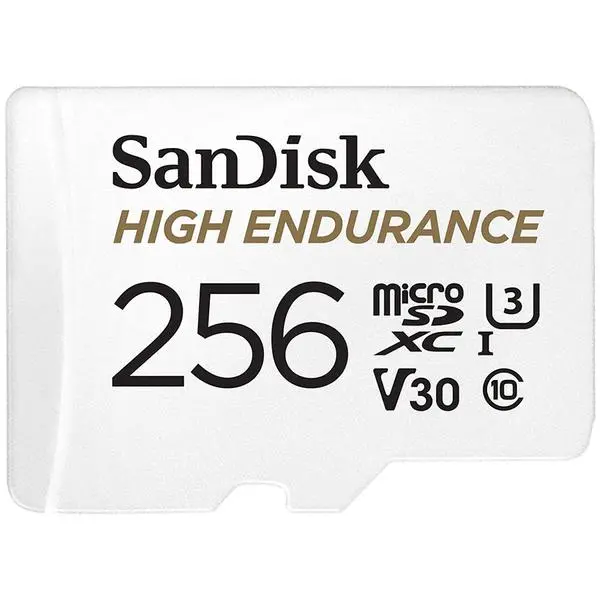 SanDisk High Endurance microSDXC 256GB + SD Adapter - for dash cams & home monitoring, up to 20,000 Hours, Full HD / 4K videos, up to 100/40 MB/s Read/Write speeds, C10, U3, V30, EAN: 619659173227 - SDSQQNR-256G-GN6IA