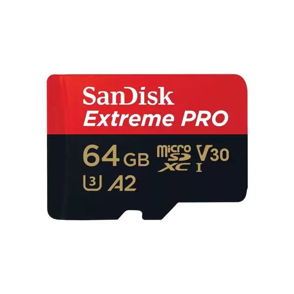 SANDISK Extreme PRO microSDXC, 64GB, Class 10 U3, A2, V30, 90 MB/s с адаптер до SD, SD-SDSQXCU-064G-GN6MA