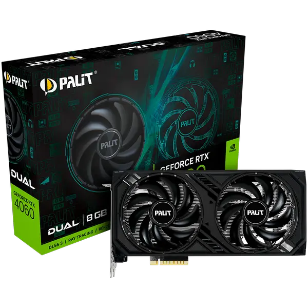 Palit RTX 4060 Dual 8GB GDDR6, 128 bits, 1x HDMI 2.1, 3x DP 1.4a, two fan, 1x 8-pin Power connector, recommended PSU 600W, NE64060019P1-1070D - 4710562244021_3Y