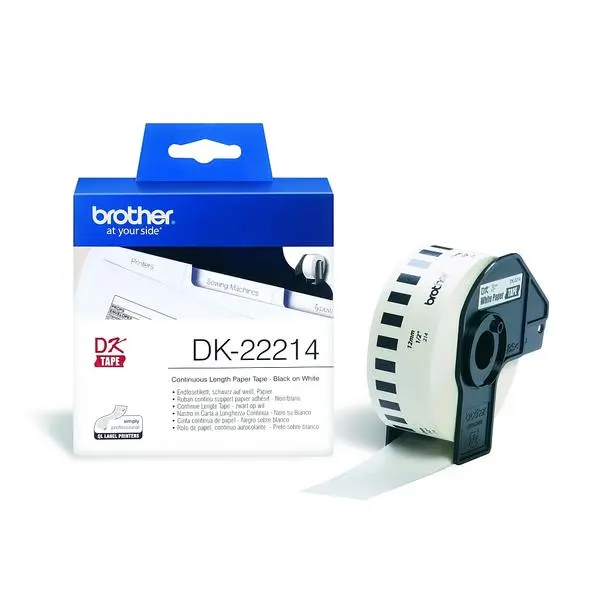 Brother DK-22214 White Continuous Length Paper Tape 12mm x 30.48m, Black on White - DK22214