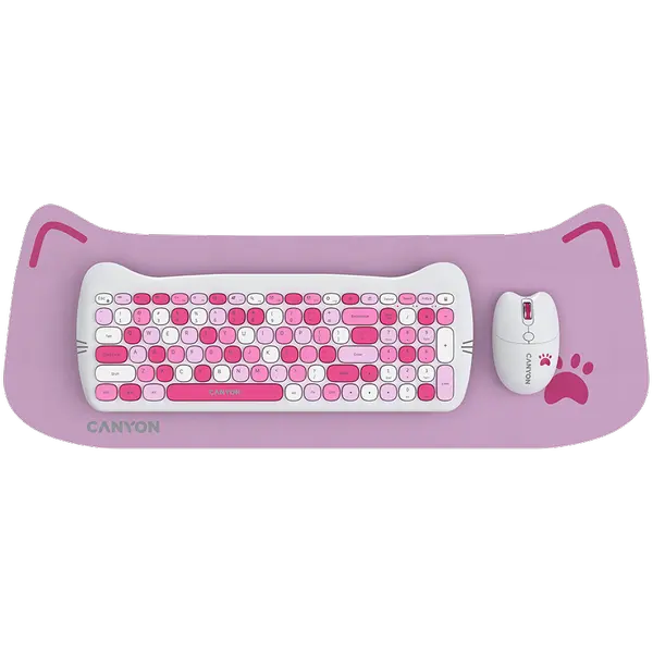 CANYON set HSET-W6 Keyboard+Mouse Kitty Edition AAA+АА Wireless Pink - CNS-HSETW6PK: Ненадминат комфорт и стил за вашето работно място
