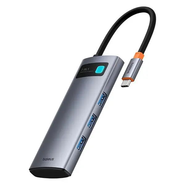 USB хъб Baseus Metal Gleam B00030708811-01 7-в-1 USB-C (HDMI 4K@60Hz / 3xUSB 3.0 / USB-C PD 100W / SD / microSD) - сив (v)