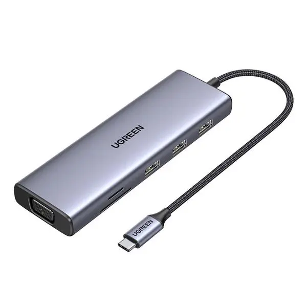 Мултифункционален USB хъб Ugreen CM498 15600 USB-C - 3x USB-A 3.0 / HDMI / VGA / RJ45 / SD / TF Card Reader / USB-C PD - сив (v)