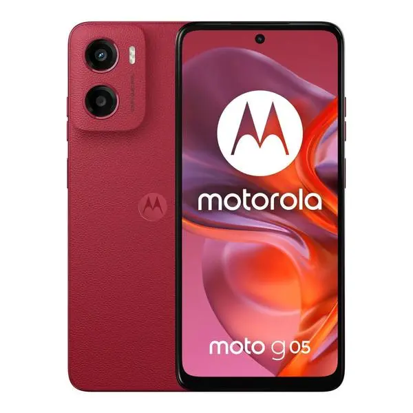 Motorola Moto G05 (червен), поддържа 2 SIM карти, 6.67" (16.94cm) HD+ 90Hz дисплей, осемядрен MediaTek Helio G81 Extreme 2 GHz, 4GB RAM, 128GB Flash памет (+microSD слот), 50 & 8 Mpix камери, Android,  PB6L0029RO