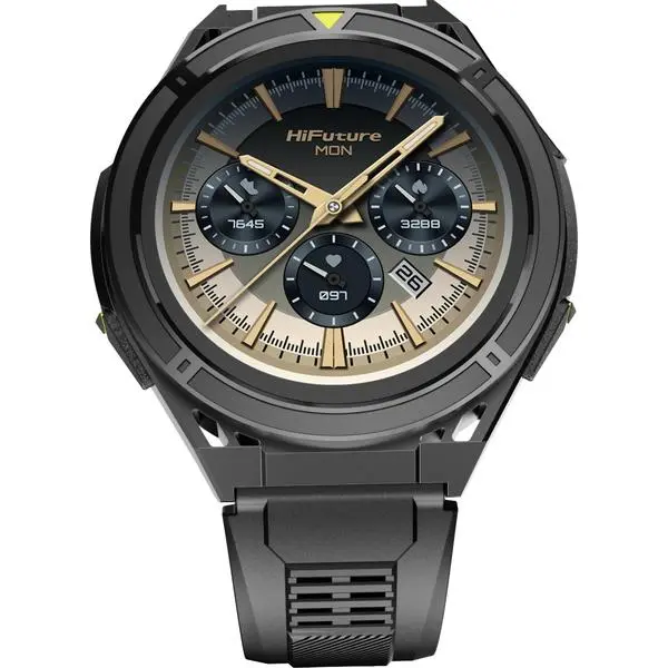 HiFuture Active Black Yellow, *1.43"  AMOLED, Dual Band GPS +Compass + Altimeter 466*466, Powered by Dual Core & Syntra AI, Bluetooth Call, 5ATM Waterproof, 24/7 True Heart Rate & Blood Oxygen Sensor, Up to 10 days daily use - 6972576182005