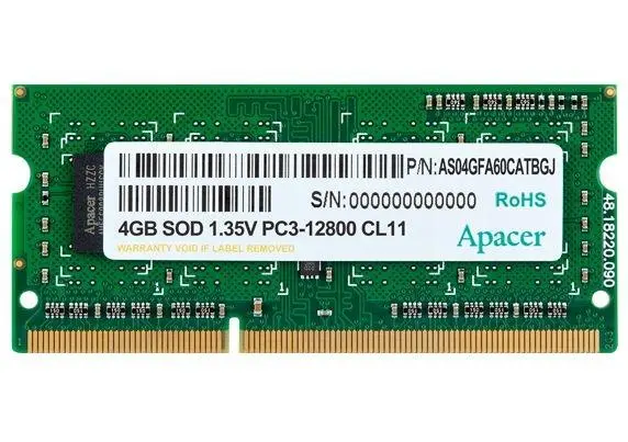 Apacer 4GB Notebook Memory - DDR3 SODIMM 512x 8, Low Voltage 1.35V PC12800 @ 1600MHz - AS04GFA60CATBGJ