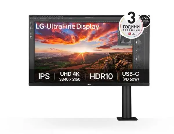 LG  31.5" UltraFine Ergo 4K, IPS AG, DCI-P3 95%, 5ms, 350 cd/m2, 1000:1, 3840x2160, HDR 10, USB Type-C 60W - 32UN880K-B
