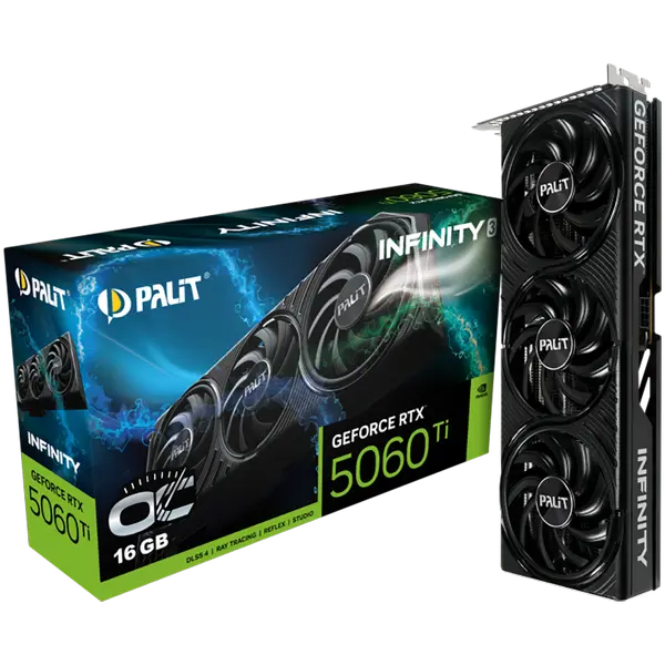 PALIT GeForce RTX 5060 Ti Infinity 3 OC 16GB GDDR7 128 bit, 1x HDMI 2.1b, 3x DP 2.1b, 3 Fan, 1x 8-pin pwr connector, 600W, 291.9 x 116.6 x 41.3 mm, NE7506TS19T1-GB2061S - 4710562245172_3Y