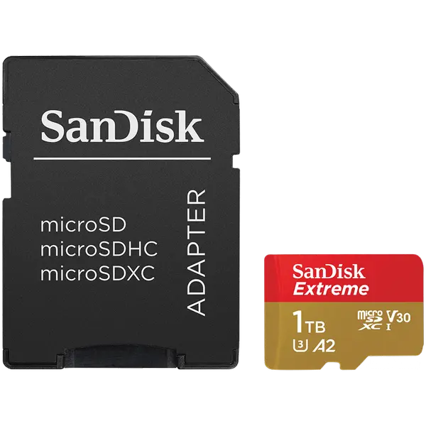 SanDisk Extreme microSDXC 1TB + SD Adapter + 1 year RescuePRO Deluxe up to 190MB/s & 130MB/s Read/Write speeds A2 C10 V30 UHS-I U3 - SDSQXAV-1T00-GN6MA