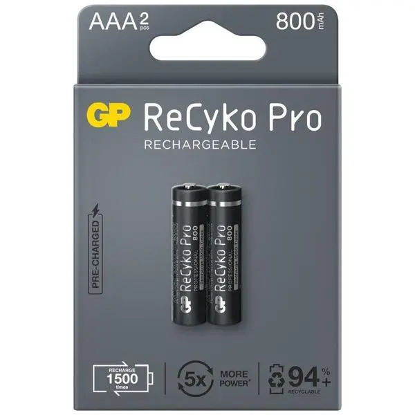 Акумулаторна Батерия GP R03 AAA 850mAh, NiMH, 85AAAHCB-EB2 RECYKO+ PRO, До 1500 цикъла, 2 бр. в опаковка - GP-BR-85AAAHCB-EB2