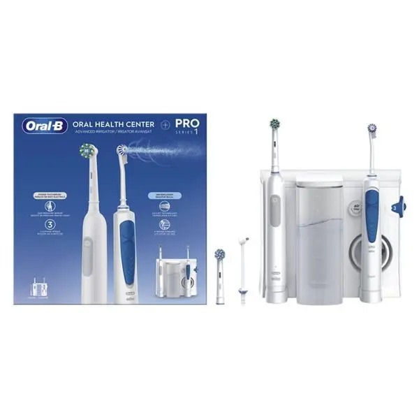 Комплект ел. четка за зъби и зъбен душ Oral-B Oral Health Center Pro Series 1, 3 режима, сензор за налягане, OXYJET технология, бели