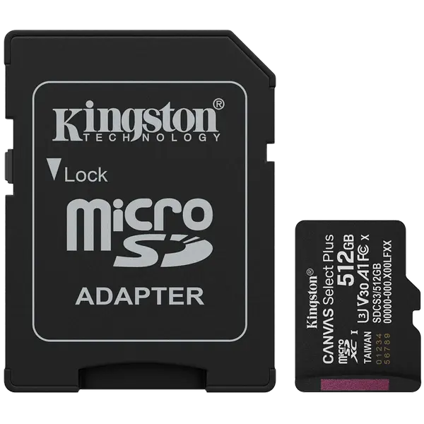 Kingston 512GB microSDXC Canvas Select Plus Gen3 150MB/s A1 Card + Adapter - SDCS3/512GB