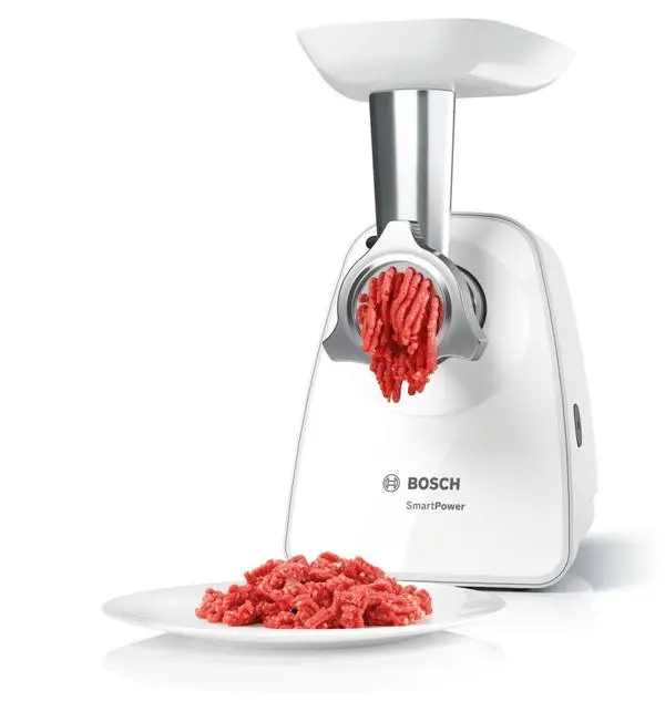 Bosch MFW2517W, Meat mincer, SmartPower Meat mincer from SmartPower range: 1500W, 1,7 kg/min, 2 sieves, 1 sausage horn, fruit press attachment, shredder with 3 barrels, no reverse, white - MFW2517W