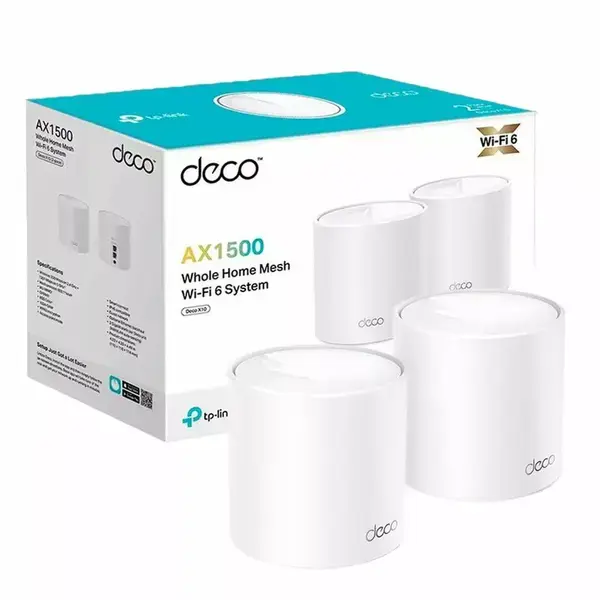 Безжична Mesh Wi-fi система TP-Link Deco X10 (2 pack), 1500Mbps, 2.4GHz (300 Mbps)/ 5GHz (1201 Mbps), Wireless AX, 2x 10/100/1000 Mbps RJ45, 2 вътрешни антени