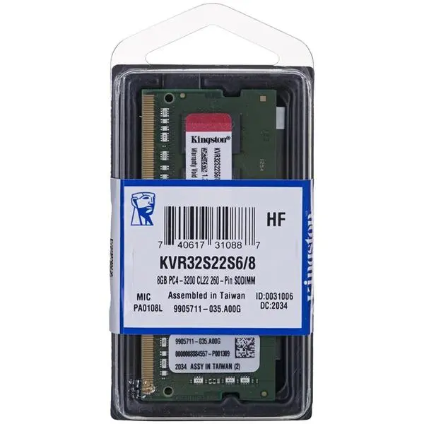 Kingston 8GB 3200MT/s DDR4 Non-ECC CL22 SODIMM 1Rx16, EAN: 740617310887 - KVR32S22S6/8
