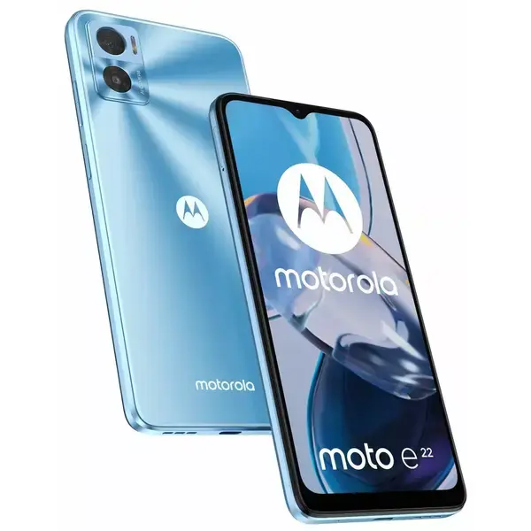 Motorola Moto E22 (син), поддържа 2 sim карти, 6.5" (16.51 cm) IPS LCD, 90Hz дисплей, осемядрен Helio G37 2.3, 4GB RAM, 64GB Flash памет (+microSD слот), 16.0 + 2.0 & 5.0 MPix камера, Android,PAVC0003PL