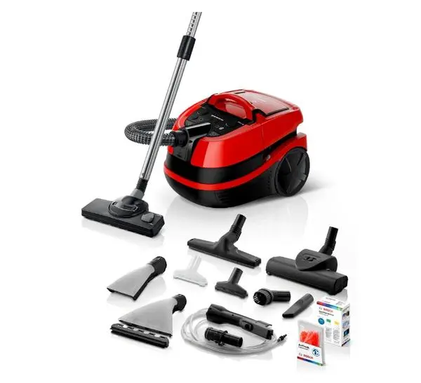 Bosch BWD421PET, 3in1 vacuum cleaner for dry and wet cleaning, 2,5 lt dust container, 2100 W, HEPA H13, 12 m radius, liquid pick-up nozzles, parquet brush, turbo brush, mattress brush, water tank: 5 l, tornado red-black - BWD421PET