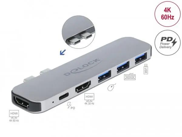 Докинг станция Delock За MacBook, HDMI 4K, USB-A, USB-C, PD, Сив DELOCK-87753