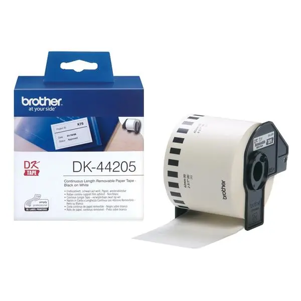 Brother DK-44205 White Removable Paper Tape 62 mm x 30.48 m, Black on White - DK44205
