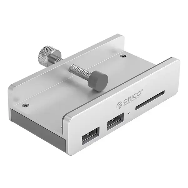 Orico Хъб USB 3.0 HUB Clip Type 2 port, SD card reader aux Micro-USB power input, Aluminum MH2AC-U3-SV - MH2AC-U3-SV-BP