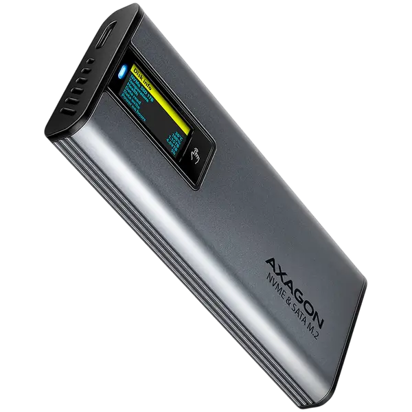 AXAGON EEM2-SD2 USB-C 3.2 Gen 2 - M.2 NVMe / SATA SSD 30-80mm ALU box grey, LCD display - EEM2-SD2