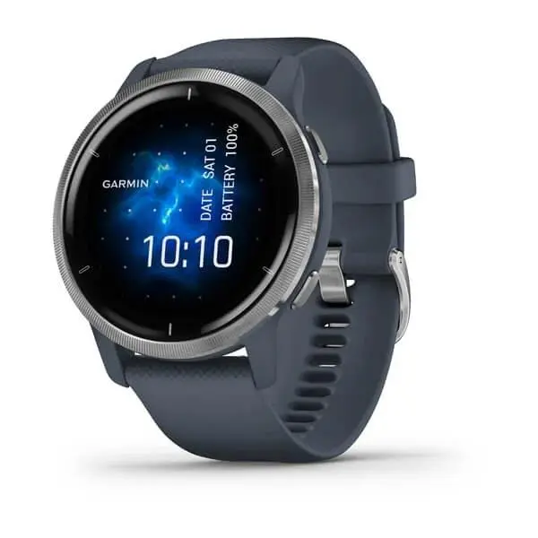 Garmin Venu 2/2s - Venu 2 Silver безел с Granite Blue корпус и силиконова каишка е смарт часовник, който съчетава стила, комфорта и функционалността. С изящния ...