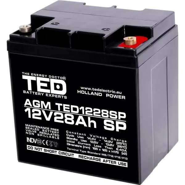 Оловна батерия AGM  12V / 26 Ah/28,5Ah  - 166 / 176 / 125mm терминал F13(M5) TED ELECTRIC - TED-12V-26AH