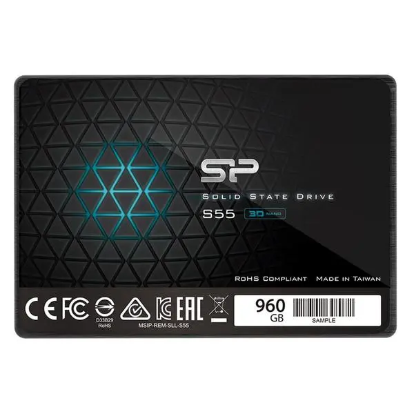 Памет SSD 960GB, Silicon Power Slim S55 (SP960GBSS3S55S25), SATA 6Gb/s, 2.5"(6.35 cm), скорост на четене до 500MB/s, скорост на запис до 450MB/s