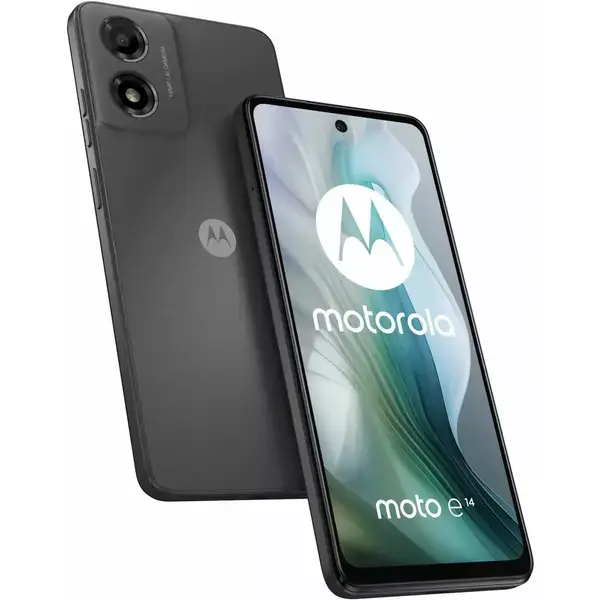 Motorola Moto E14 (сив), поддържа 2 SIM карти, 6.56" (16.66cm) HD+ IPS 90Hz дисплей, осемядрен Unisoc T606 1.6GHz, 2GB RAM, 64GB Flash памет (+microSD слот), 13 & 5 Mpix камери, Android, 178g, PB3C0008PL