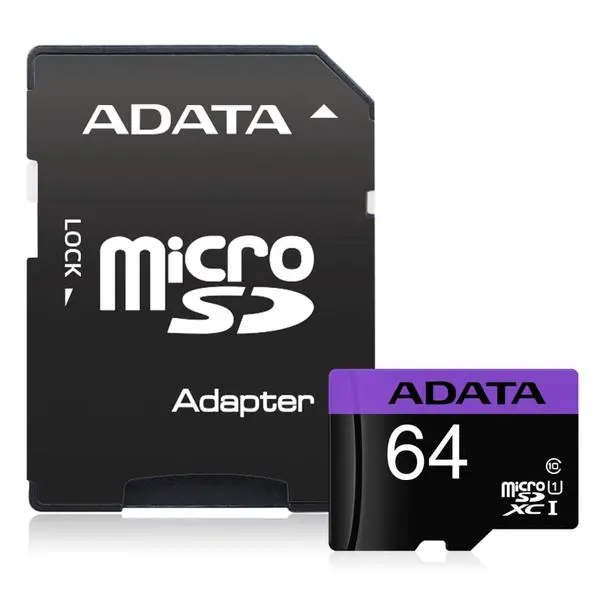 Карта памет 64GB microSDHC, с SD адаптер, A-Data Premier AUSDX64GUICL10-RA1, Class 10 UHS-I, скорост на четене до 80MB/s, скорост на запис до 10MB/s
