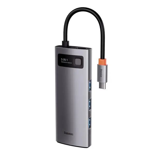 USB хъб Baseus Type-C 5 в 1 с 3х USB 3.0, 1х HDMI, 1х USB-C порта, сив