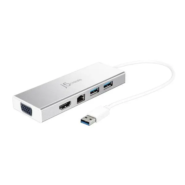 6-портов хъб j5create Mini Dock JUD380, USB 3.0, Gigabit Ethernet, HDMI, VGA, USB-B, Бял - J5-JUD380